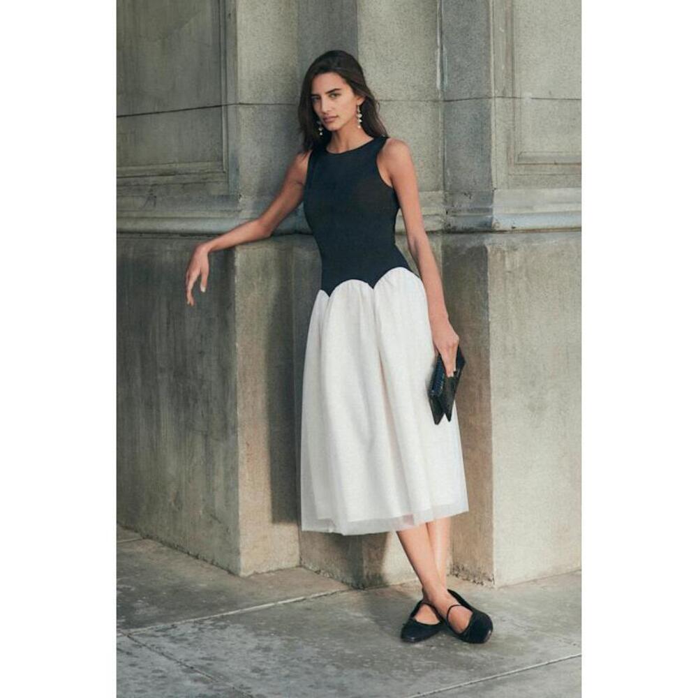 Lulus Contemporary Elegance Black And Cream Satin Tulle Midi Dress - Size M